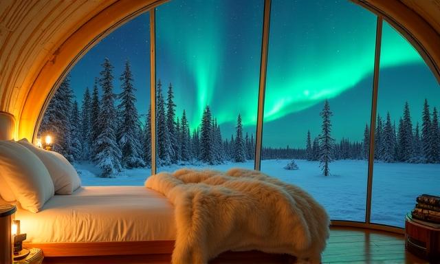 Interior of a luxury glass igloo with plush bedding looking up at the night sky