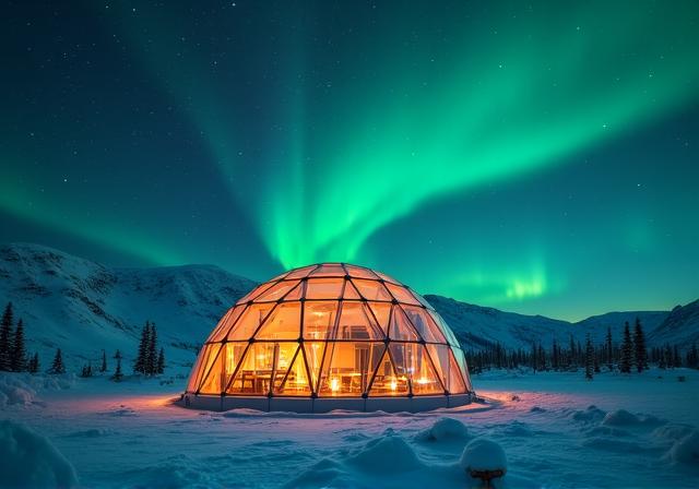 Luxury glass igloo reflecting vibrant green aurora borealis in the Arctic night