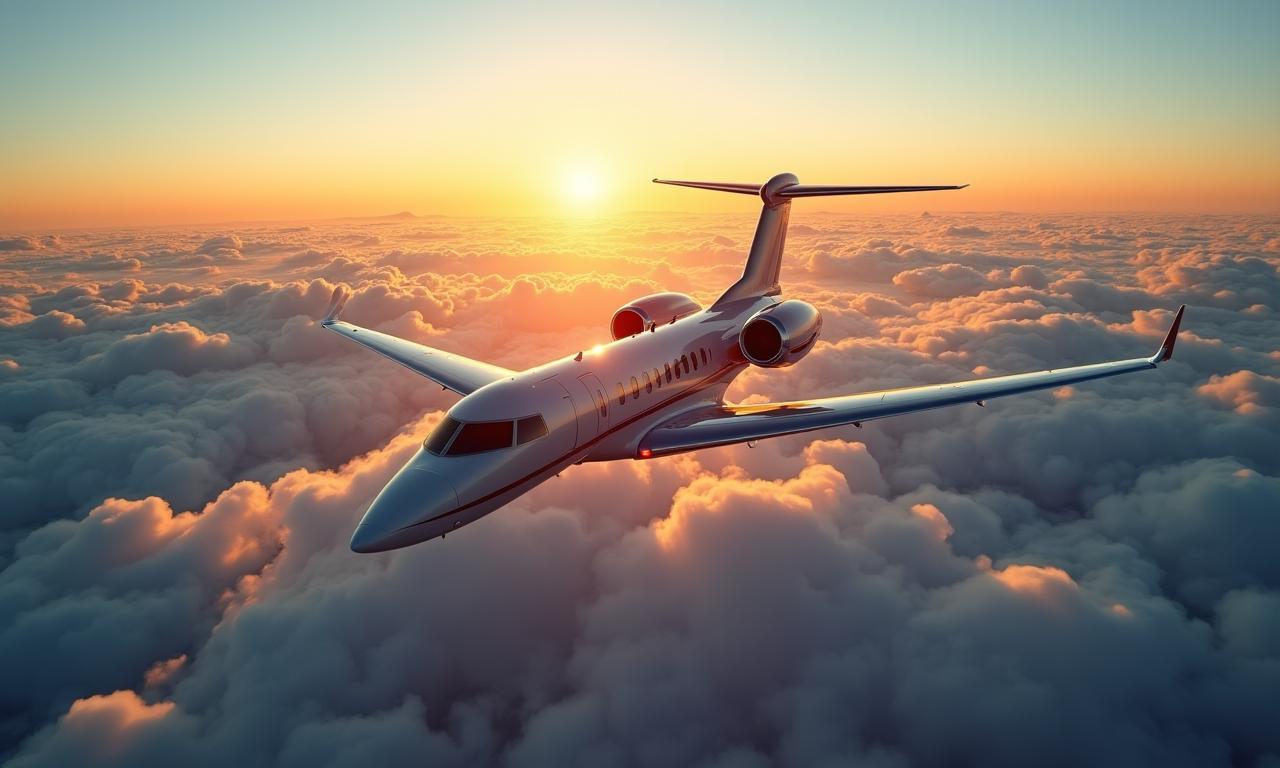 Private jet soaring above a sea of golden clouds at sunset